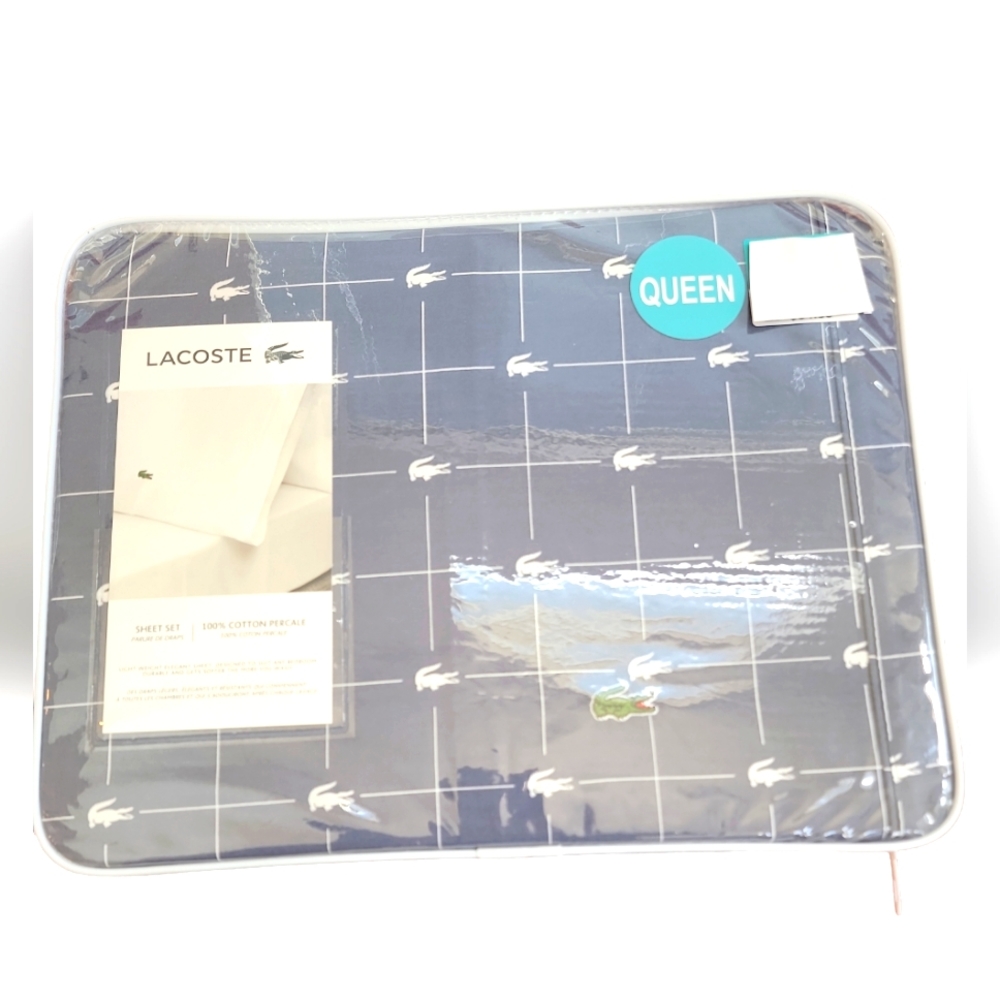 Lacoste Slice Alligator Deep Indigo Cotton 4 pc QUEEN Sheet Set